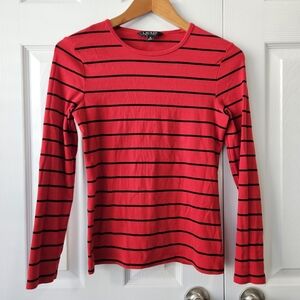 Lauren Ralph Lauren Black Label Women's Red Black Striped Long Sleeve T-Shirt M